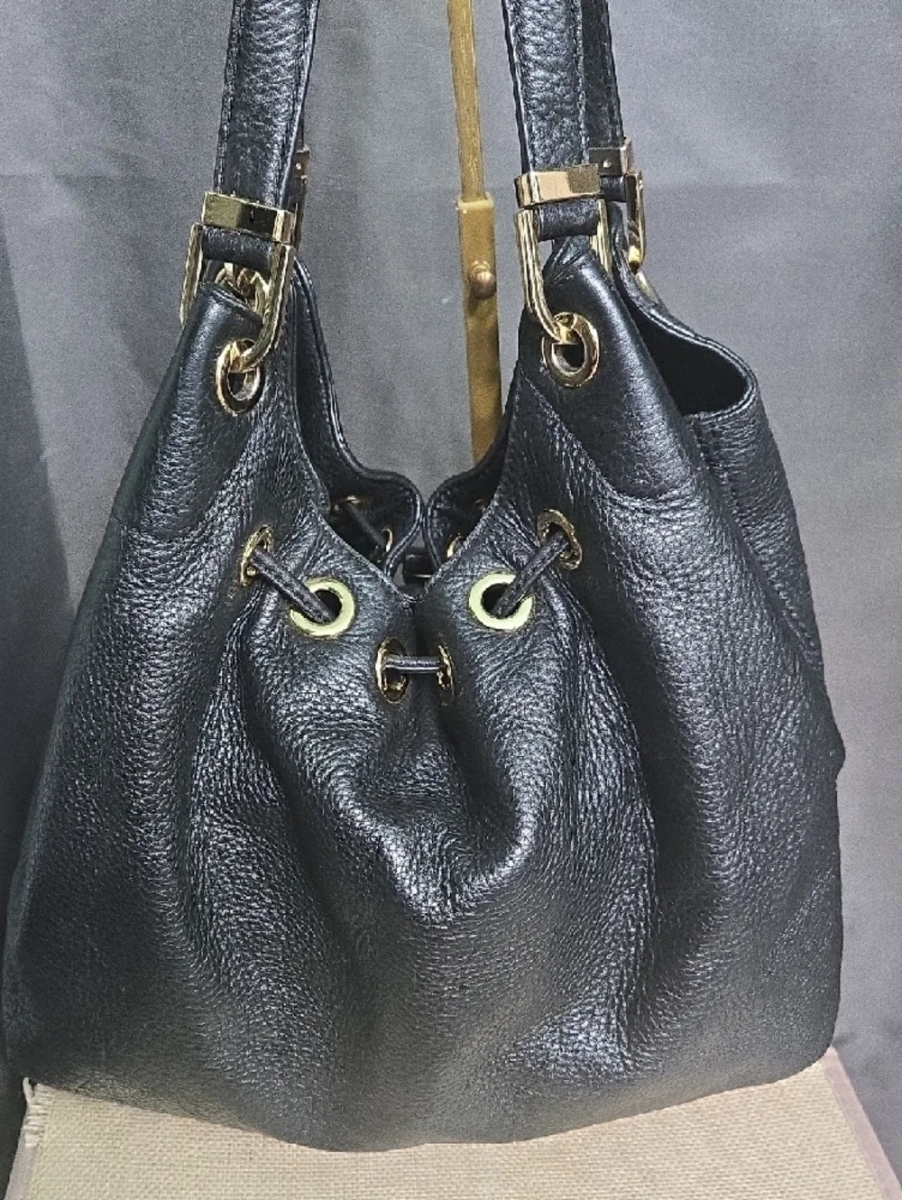 Michael Kors Black Pebbled Leather Hobo with Gold Hardware and Tassels - Picture 2 of 12